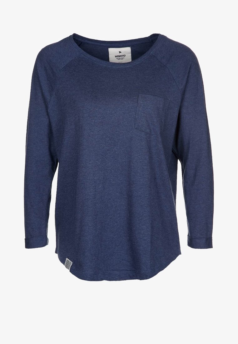 Navy blue long-sleeve top with a scoop neckline, raglan sleeves, and a small chest pocket. Soft fabric with a relaxed fit and curved hem.