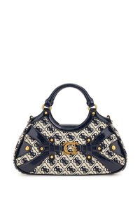 Marineblå og creme håndtaske med tekstureret stof, buet form, laklærreddet accenter, guldbelægning og et karakteristisk mønster.