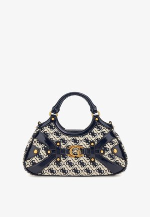 Granatowa i kremowa torebka wykonana z teksturowanej tkaniny, o zakrzywionym kształcie, z akcentami z lakierowanej skóry, złotymi elementami i charakterystycznym wzorem.