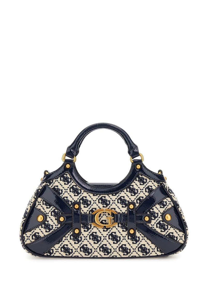 Marineblå og creme håndtaske med tekstureret stof, buet form, laklærreddet accenter, guldbelægning og et karakteristisk mønster.
