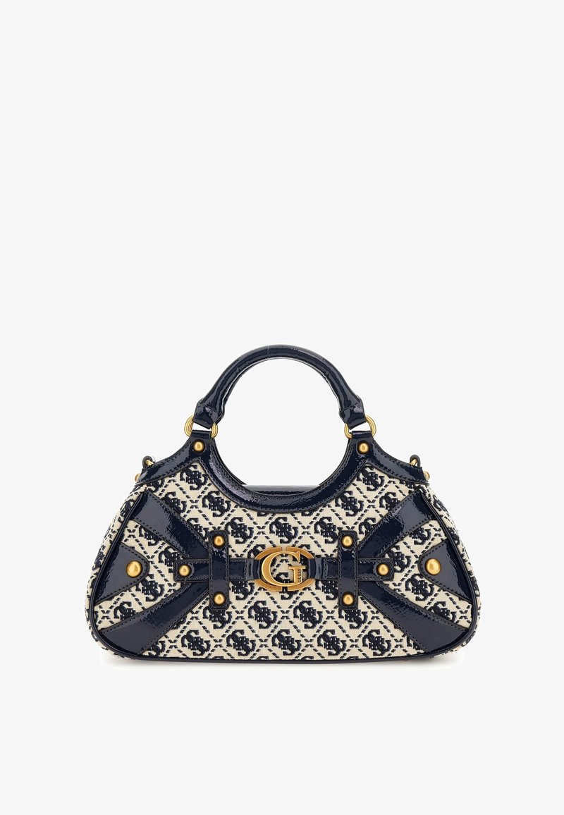 Marineblå og creme håndtaske med tekstureret stof, buet form, laklærreddet accenter, guldbelægning og et karakteristisk mønster.