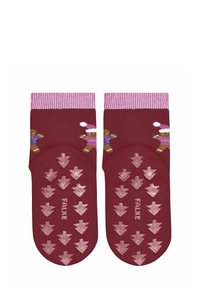 Bordowe dziecięce skarpetki z różowymi paskowanymi ściągaczami, piernikowymi postaciami w świątecznych czapkach oraz różowymi antypoślizgowymi strzałkami na podeszwach.