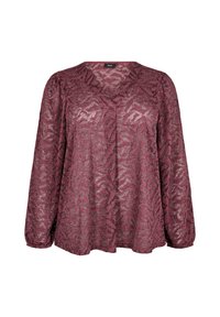 Blusa bordeaux a maniche lunghe in un tessuto trasparente e strutturato con un motivo a foglie e scollatura a V, caratterizzata da una vestibilità comoda con maniche arricciate.