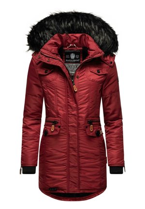 Rode hoodie met nepbontafwerking, voorzien van rits- en knoopzakken, geribbelde manchetten en een gestructureerd stoffen ontwerp.