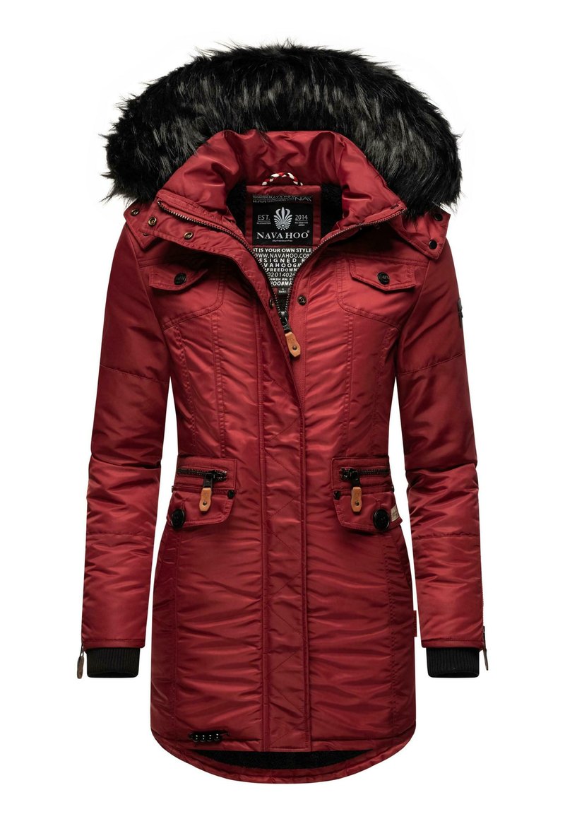 Red hooded jacket with faux fur trim, featuring zippered and buttoned pockets, ribbed cuffs, and a textured fabric design.