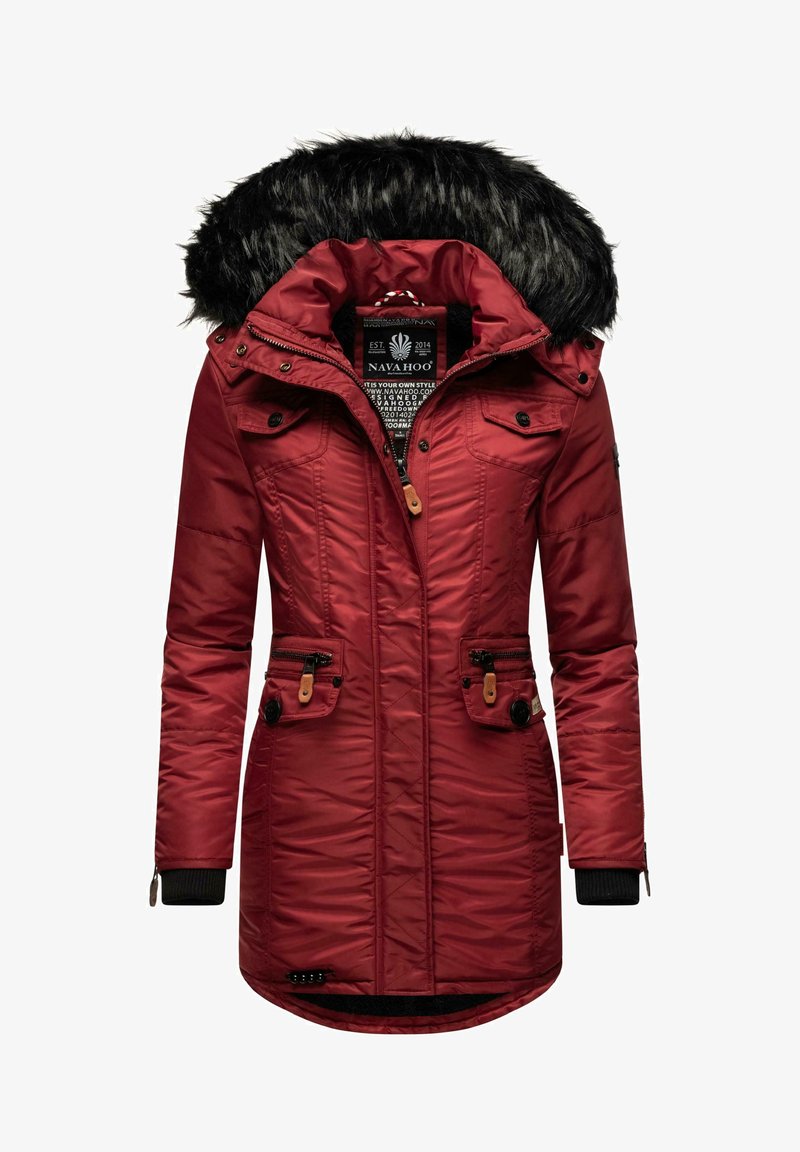 Red hooded jacket with faux fur trim, featuring zippered and buttoned pockets, ribbed cuffs, and a textured fabric design.