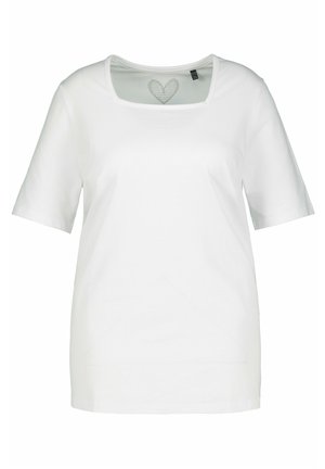 Biała koszulka z krótkim rękawem i kwadratowym dekoltem, wykonana z miękkiej bawełny. Posiada dyskretny wzór serca w okolicy dekoltu.