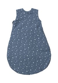 Blauer Baumwollsäcken mit Sternenmuster, ärmelloses Design, runder Ausschnitt und geschwungener Boden. Der Stoff hat eine strukturierte Oberfläche.