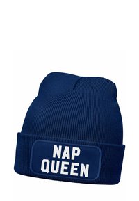 Navy blue knit beanie with a ribbed texture. Features a rectangular patch with white text reading "NAP QUEEN." Folded cuff at the bottom.