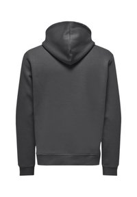Grijze hoodie, gemaakt van zachte stof, met een kangaroo zak, ribgebreide boorden en zoom. Gladde textuur zonder zichtbare patronen.