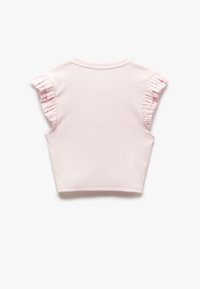 Roze cropped top met korte, gerimpelde mouwen, gemaakt van ribbelstof. Heeft een ronde halslijn en een soepele textuur.