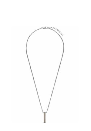 Silberne Kette mit rechteckigem, vertikalem Silberstab-Anhänger und verstellbarem Karabinerverschluss.
