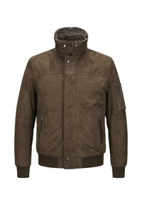 Braune Kunstwildlederjacke mit hohem Kragen, Futter aus Fell, Reißverschlusstaschen und gerippten Bündchen. Verfügt über ein elegantes, strukturiertes Design.