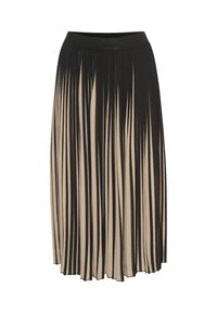 Black and beige pleated midi skirt with elastic waistband and vertical striped pattern.