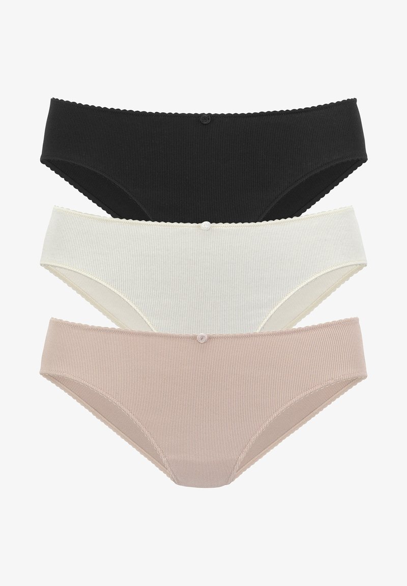 Τρία ζευγάρια ριγωτών εσωρούχων σε μαύρο, κρέμα και ροζ. Κάθε ένα έχει οδοντωτή άκρη και μια μικρή λεπτομέρεια κουμπιού στο πίσω μέρος.