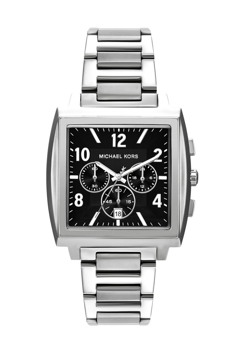 Montre en acier inoxydable argenté avec un cadran noir carré. Les caractéristiques comprennent de grands repères des heures blancs, trois sous-cadrans et un affichage de la date.