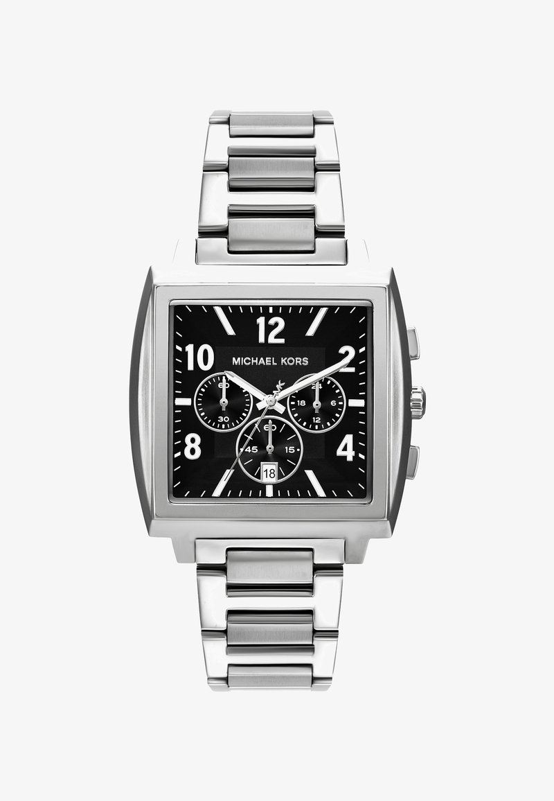 Reloj de acero inoxidable plateado con un dial negro cuadrado. Las características incluyen grandes marcadores de hora blancos, tres sub-diales y una pantalla de fecha.