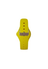 Gelbe Silikonarmbanduhr mit glatter Oberfläche, runden Gehäuse und silbernem Metallverschluss. Verfügt über mehrere Löcher zur verstellbaren Größenanpassung.