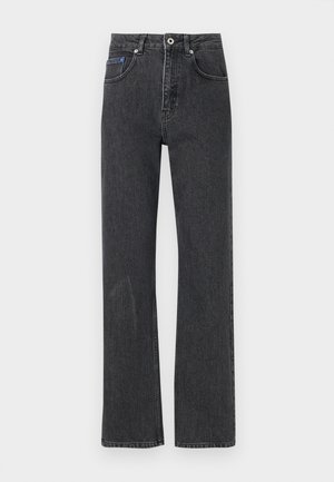 Black straight-leg jeans made of denim, featuring a high waist, five pockets, tonal stitching, and a slight faded texture on the front.