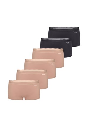Cinq culottes hipster beiges et deux noires sans couture pour femmes, disposées en deux rangées sur fond blanc.