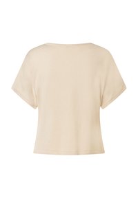 Kurzärmliges, beige Oberteil aus weichem Stoff, mit lockerer Passform und rundem Halsausschnitt, glatter Textur und ohne sichtbare Muster.