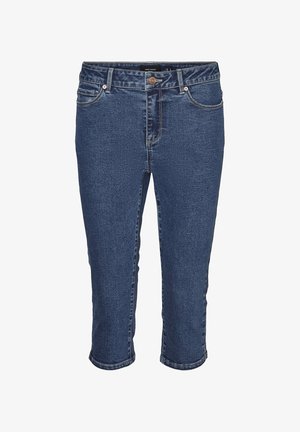 Pantalones capri de denim azul oscuro con un corte ajustado, cierre de botón y diseño de cinco bolsillos. Costuras de contraste a lo largo de las costuras y el dobladillo.