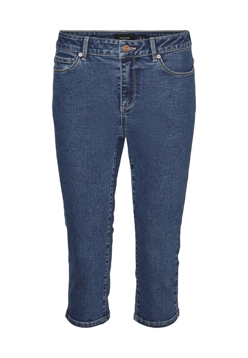 Mörkblå denim capribyxor med smal passform, knappstängning och femficksdesign. Kontraststickning längs sömmar och fåll.