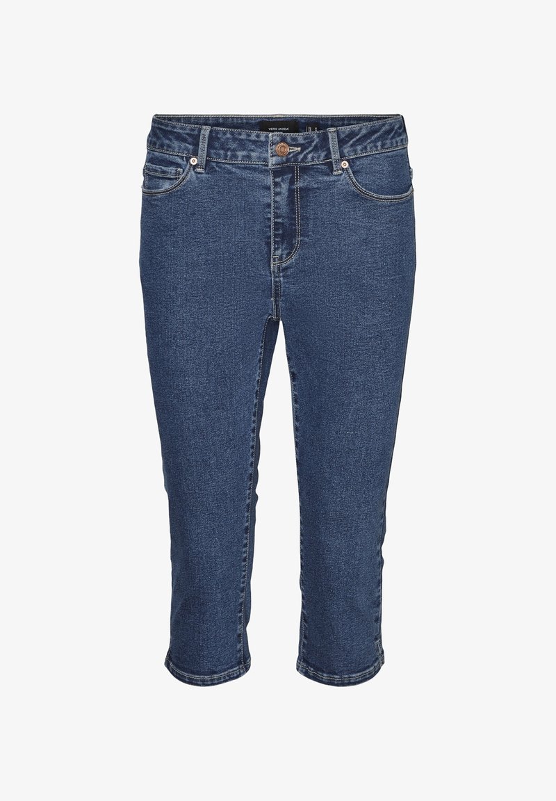 Mörkblå denim capribyxor med smal passform, knappstängning och femficksdesign. Kontraststickning längs sömmar och fåll.