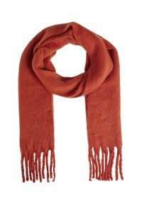 Écharpe couleur rouille en tissu doux, avec un design simple et des extrémités frangées. Légère avec une texture lisse.