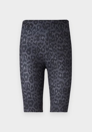 Black shorts featuring a leopard print pattern in varying shades of gray. Made from a soft, stretchy fabric with a smooth texture.