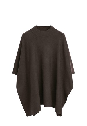 Poncho marrone in lana con collo alto, maniche larghe e silhouette drappeggiata. Texture morbida e design senza cuciture né chiusure.