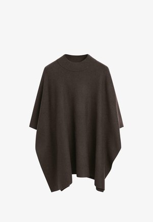 Hnědý vlněný pončo s vysokým límcem, volnými rukávy a splývavým střihem. Měkká textura a bezešvý design bez zapínání.