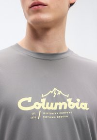 Γκρι κοντομάνικο t-shirt με κίτρινο λογότυπο "Columbia" και γραφικό βουνού. Το ύφασμα είναι απαλά, με λαιμόκοψη στρογγυλή και ελάχιστο ράψιμο.
