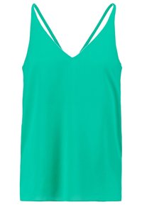 Haut sans manches turquoise avec un décolleté en V profond, doté de fines bretelles et d'un tissu léger et lisse. Aucun motif ni accent supplémentaire visible.