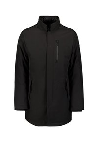 Zwarte, waterdichte jas met een hoge kraag, een ritszak op de borst en zijzakken; kenmerkt zich door een schoon, minimalistisch ontwerp.
