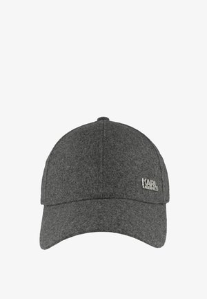 Dark grey textured baseball cap with curved brim and small silver "KARL LAGERFELD" logo on front right panel.