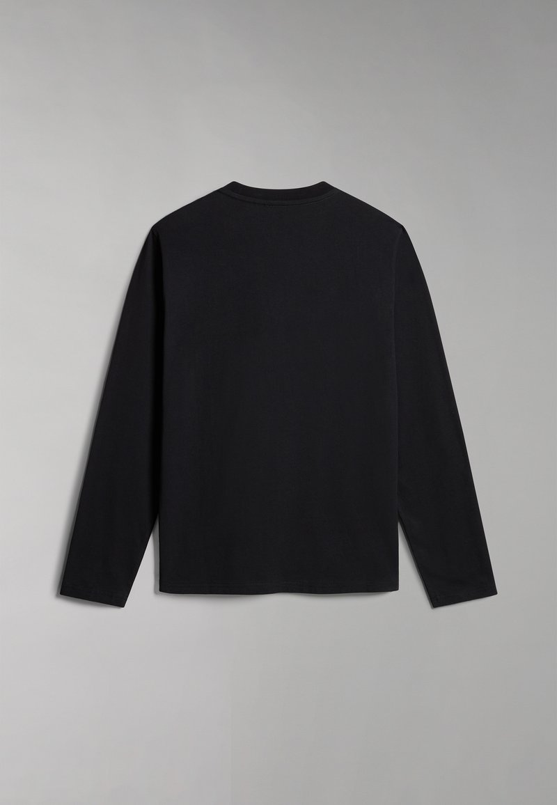 Schwarzes Langarmshirt aus weichem Stoff, mit Rundhalsausschnitt, geradem Schnitt und minimalen Nähten, ohne Grafiken oder Muster.