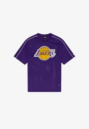 Purple mesh basketball jersey featuring a round neckline, short sleeves, and a prominent printed Los Angeles Lakers logo with a basketball design.