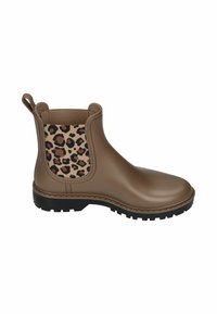 Bottines en caoutchouc marron avec des panneaux en élastique imprimé léopard sur les côtés, une languette de traction et une semelle en caoutchouc noir texturé pour une bonne adhérence.
