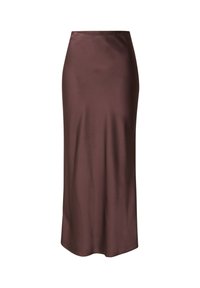 Bruine satijnen midi-rok met een gladde textuur, een aansluitende taille en een rechte silhouet, met een subtiele glans en zonder zichtbare patronen.