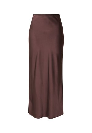 Bruine satijnen midi-rok met een gladde textuur, een aansluitende taille en een rechte silhouet, met een subtiele glans en zonder zichtbare patronen.