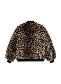 Jakna bomber s reverom od umjetnog krzna s uzorkom leopard, s crnim rebrastim manžetama i donjim rubom. Meki, teksturirani površinski materijal.