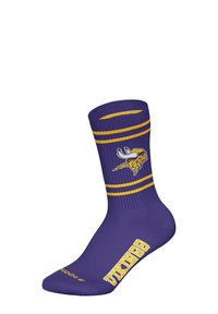 Fioletowe skarpetki z żółtymi akcentami i paskami. Posiadają logo Wikingów. Wykonane z elastycznej tkaniny. Krótkie, sięgające do kostki. Napis „VIKINGS” po boku.
