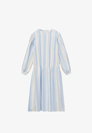 Light blue striped dress with long sleeves, a round neckline, and gathered waist. Made of soft fabric with horizontal and vertical stripes.
