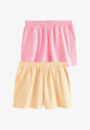 Kaks paari elastse vöökohaga lühikesi pükse küljetaskutega, üks roosa väikeste ruutudega ja üks helekollane peene ruudumustriga.