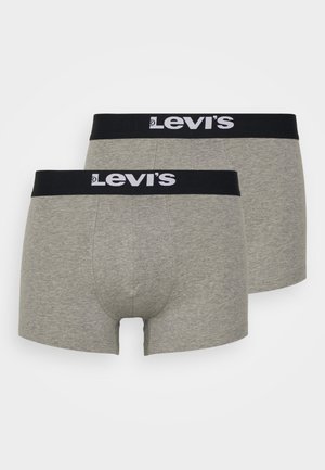 Sivé bavlnené boxerky s čiernym pásom, na ktorom je logo "Levi's" v bielej farbe. Dva kusy vystavené v usporiadaní naskladané na sebe.