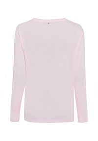 Rosa Langarmshirt aus weicher Baumwolle. Verfügt über einen runden Ausschnitt und einen kleinen silbernen Akzent auf der Rückseite. Schlichte und glatte Textur.