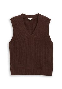 Brauner, gestrickter ärmelloser Pullover mit V-Ausschnitt, der ein strukturiertes Muster und einen gerippten Saum aufweist. Hergestellt aus einem weichen, dicken Garn.