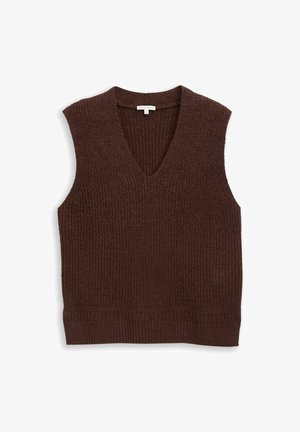 Brązowy, dzianinowy sweter bez rękawów z dekoltem w kształcie litery V, z teksturowanym wzorem i ściągaczem na dole. Wykonany z miękkiej, grubej przędzy.