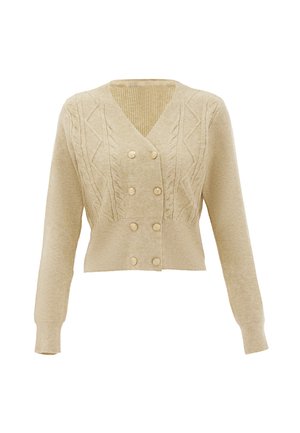 Beige gebreide cardigan met een V-hals, dubbele knoopsluiting, voorzien van kabelbreipatronen, lange mouwen en gestructureerde ribbeldetails.